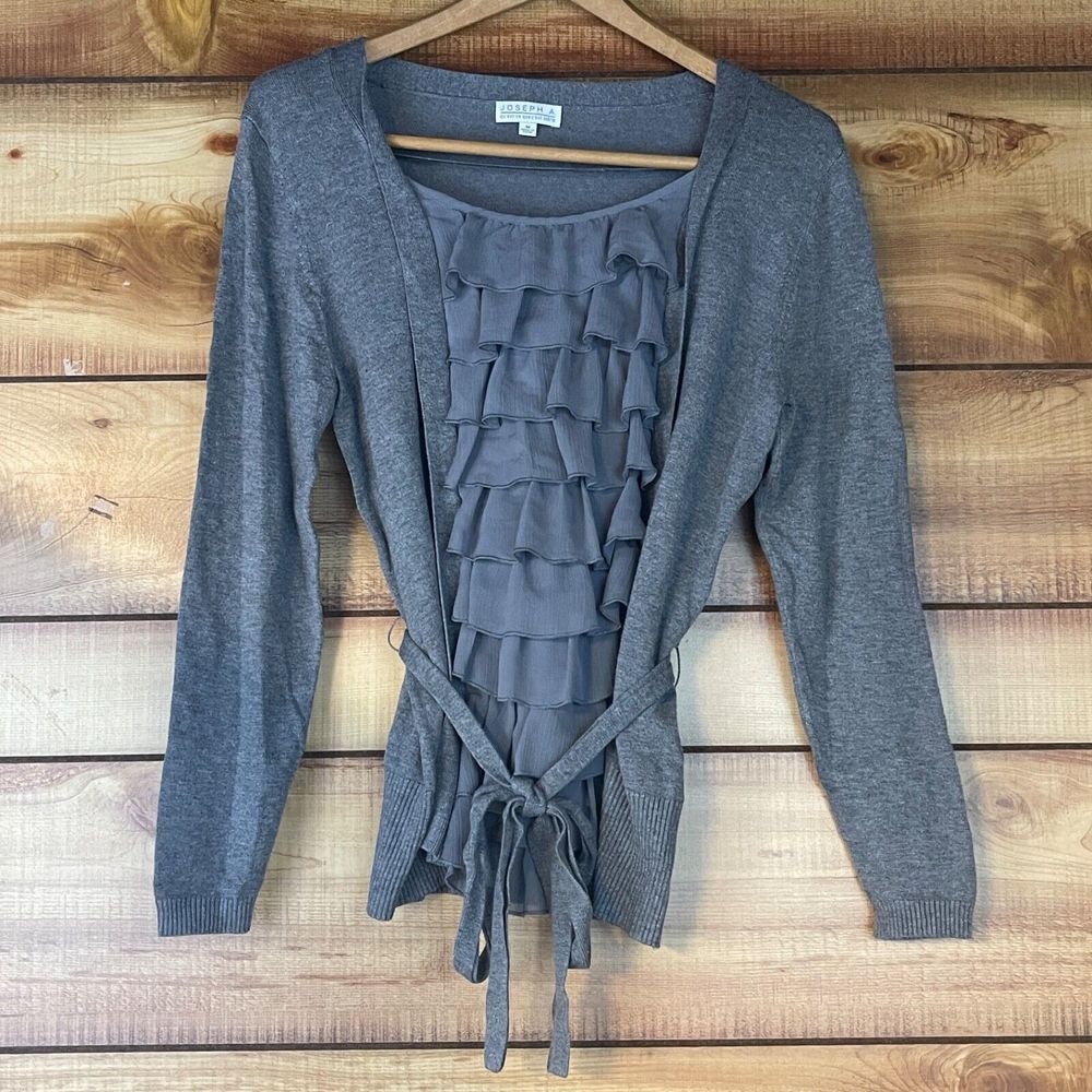 Joseph A Sweater Top Womens Medium‎ Knit Gray Ruffle Long Sleeve Tie Belt Career